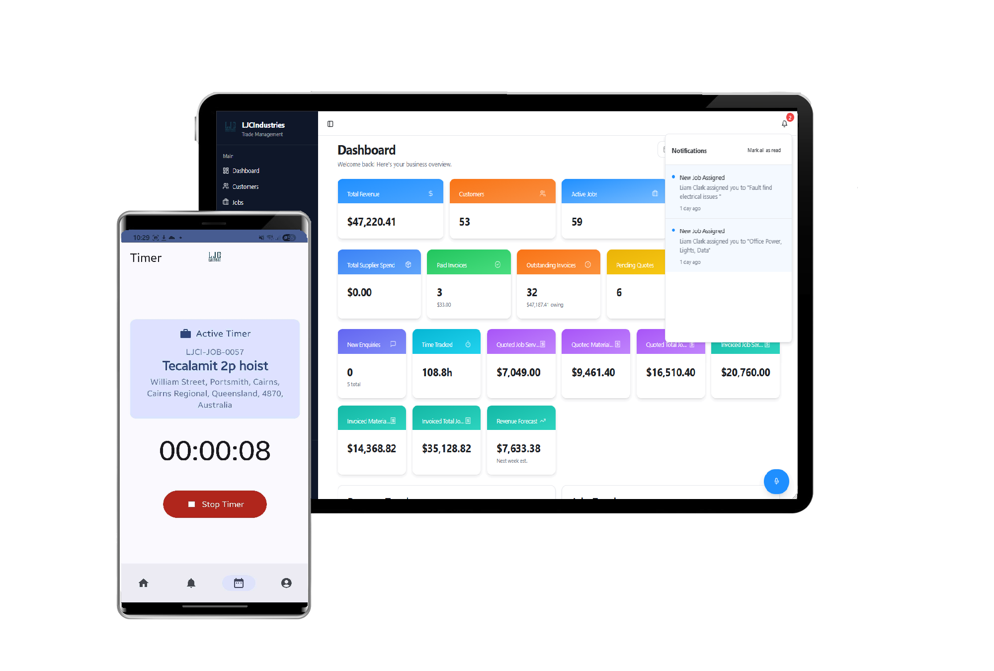 MJC Job Manager dashboard on tablet and companion app on mobile device